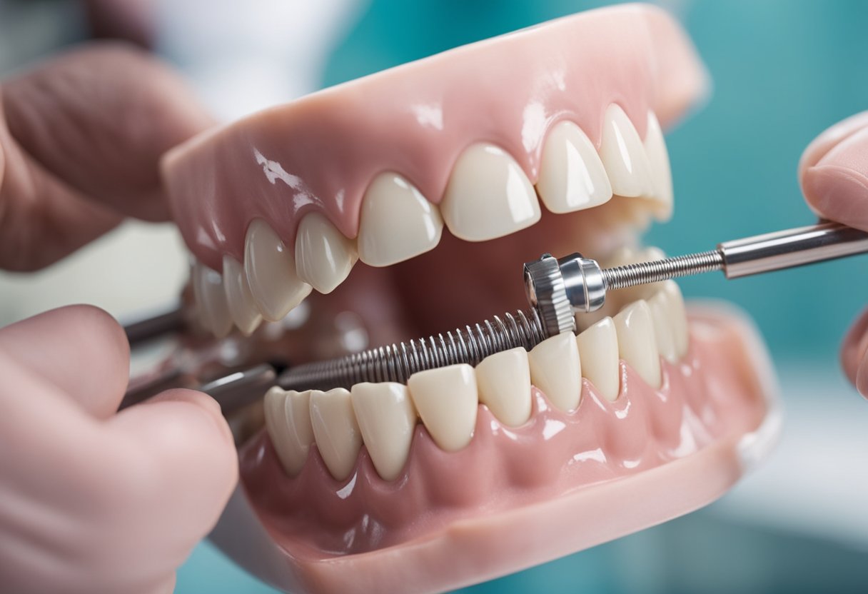 A close-up of a dental implant being inserted into a model jaw. The titanium implant is being carefully placed by a dentist's hand