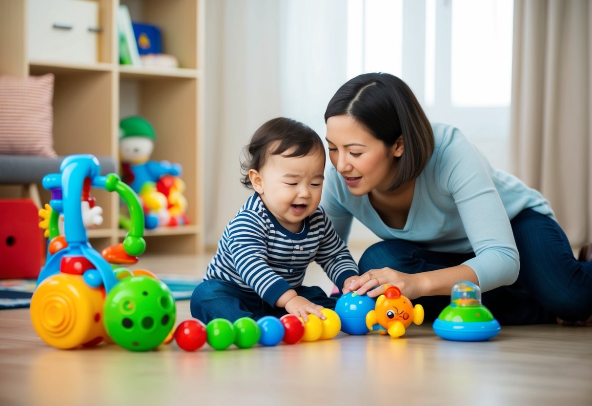 A toddler surrounded by interactive toys, with a parent nearby offering comfort during a tantrum while traveling