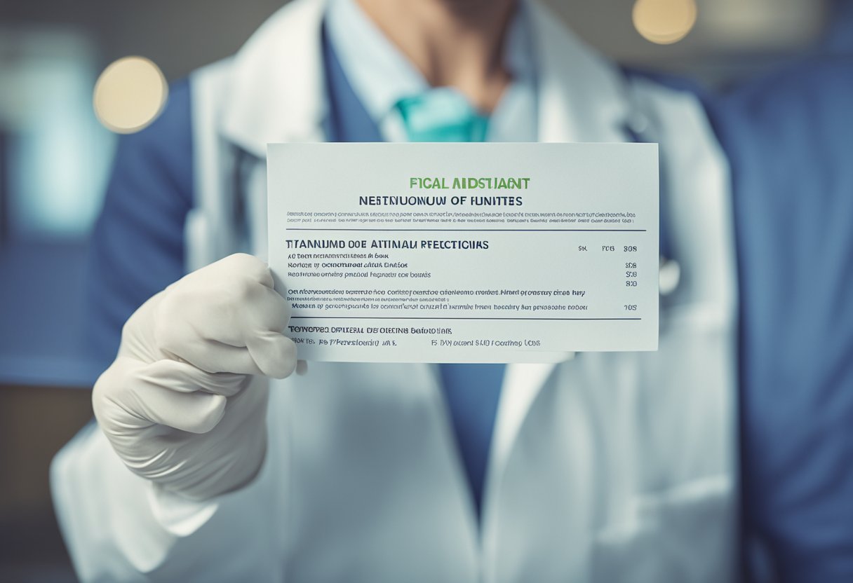 A dentist holding a titanium dental implant next to a list of frequently asked questions, with a concerned patient in the background