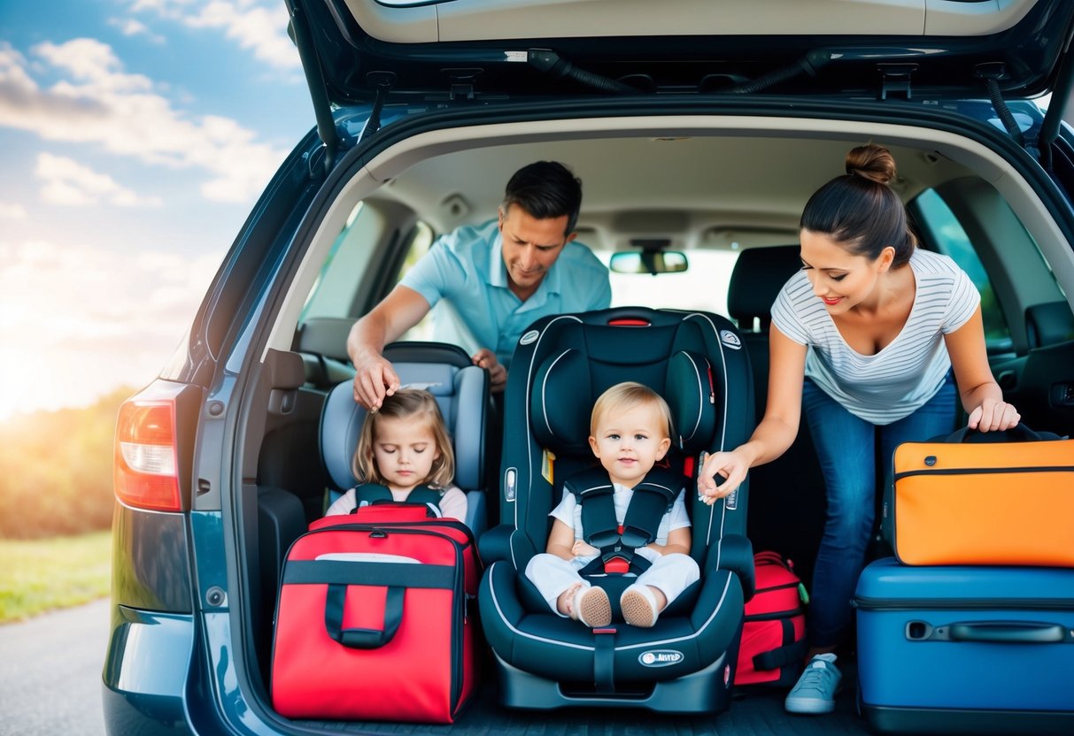 A family packing a car with luggage, car seats, and travel essentials. Parents checking safety equipment and securing children in their seats