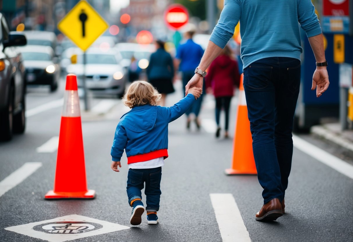 A child holding a parent's hand while walking on a busy street, with various safety signs and symbols in the background