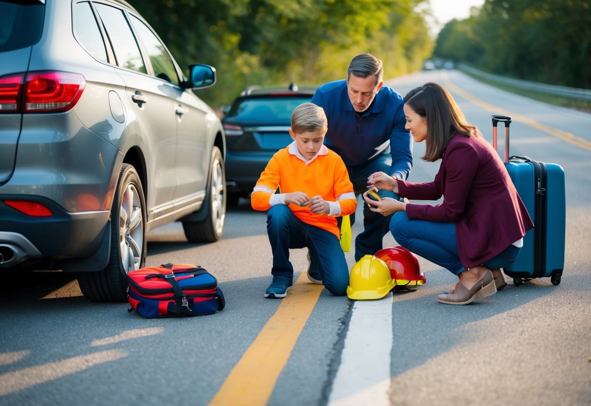 A family car parked on the side of a road, with a parent demonstrating emergency safety procedures to their children. Luggage and travel gear are visible in the background