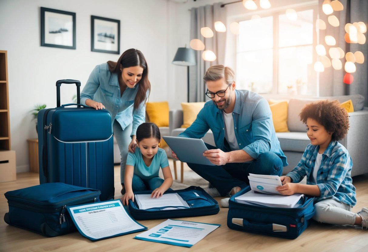 A family packing for a trip, placing travel insurance documents and following a checklist of safety tips