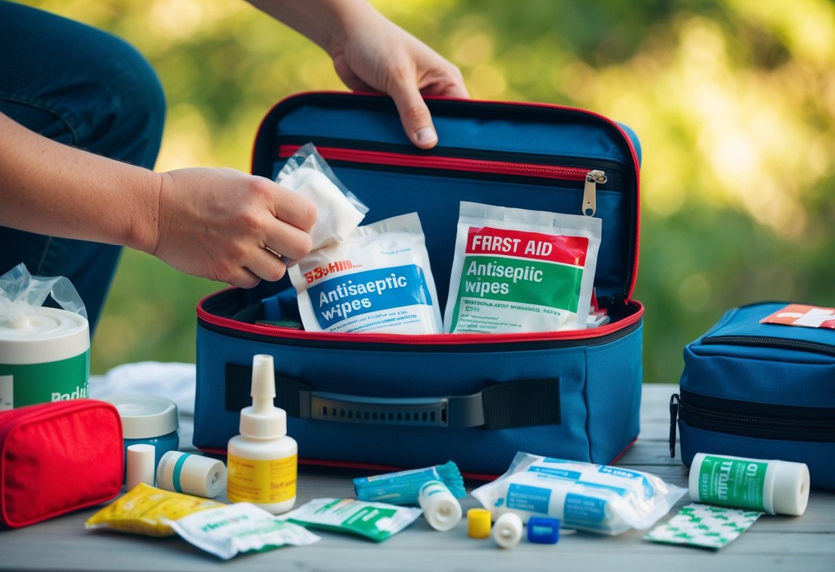 A first aid kit being packed with various medical supplies and equipment, including bandages, antiseptic wipes, and medications, in preparation for travel