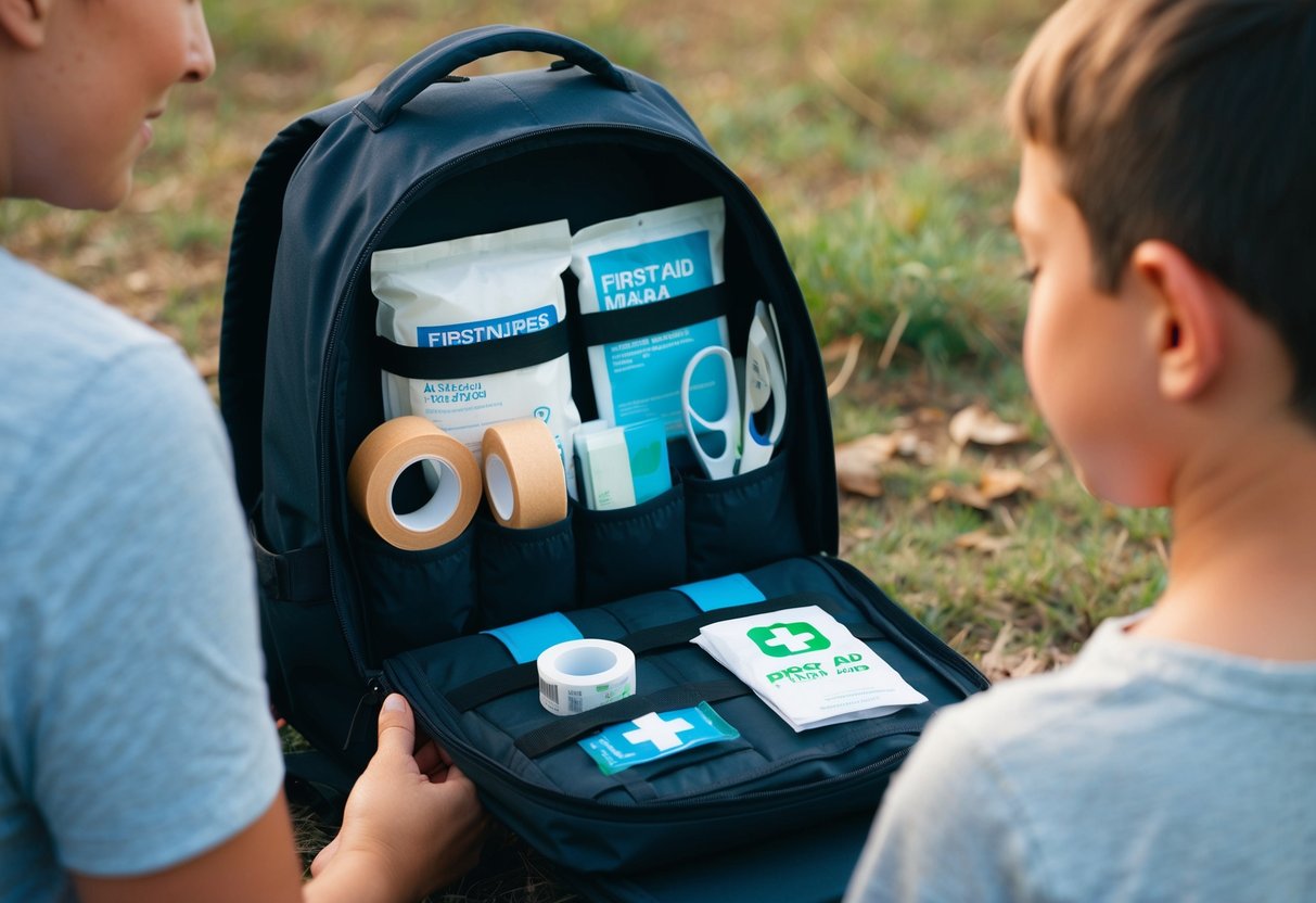 A family travel scene with a backpack open to reveal first aid items: bandages, antiseptic wipes, adhesive tape, scissors, and a small first aid manual