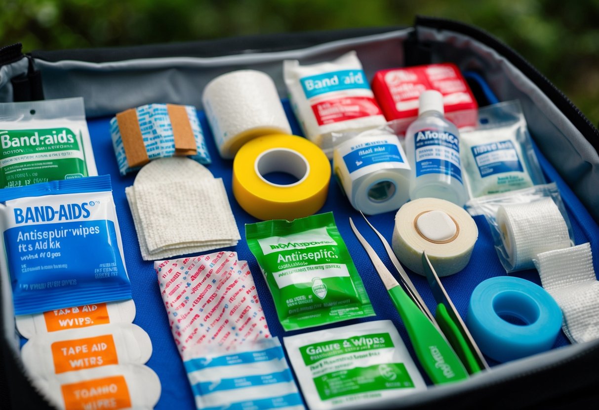 A colorful assortment of Band-Aids, antiseptic wipes, gauze, adhesive tape, and tweezers laid out on a travel-friendly first aid kit