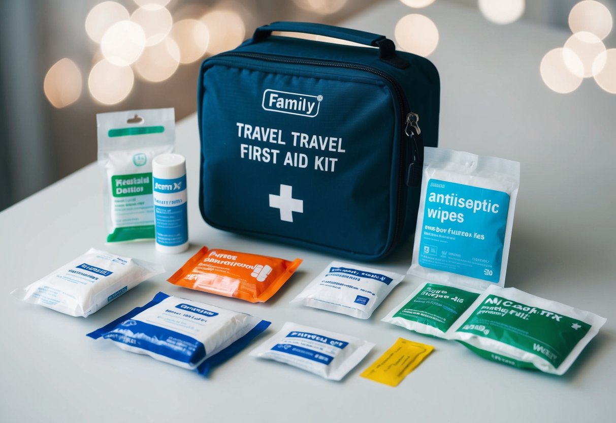 A family travel first aid kit open with antiseptic wipes, bandages, and other items laid out on a clean, flat surface