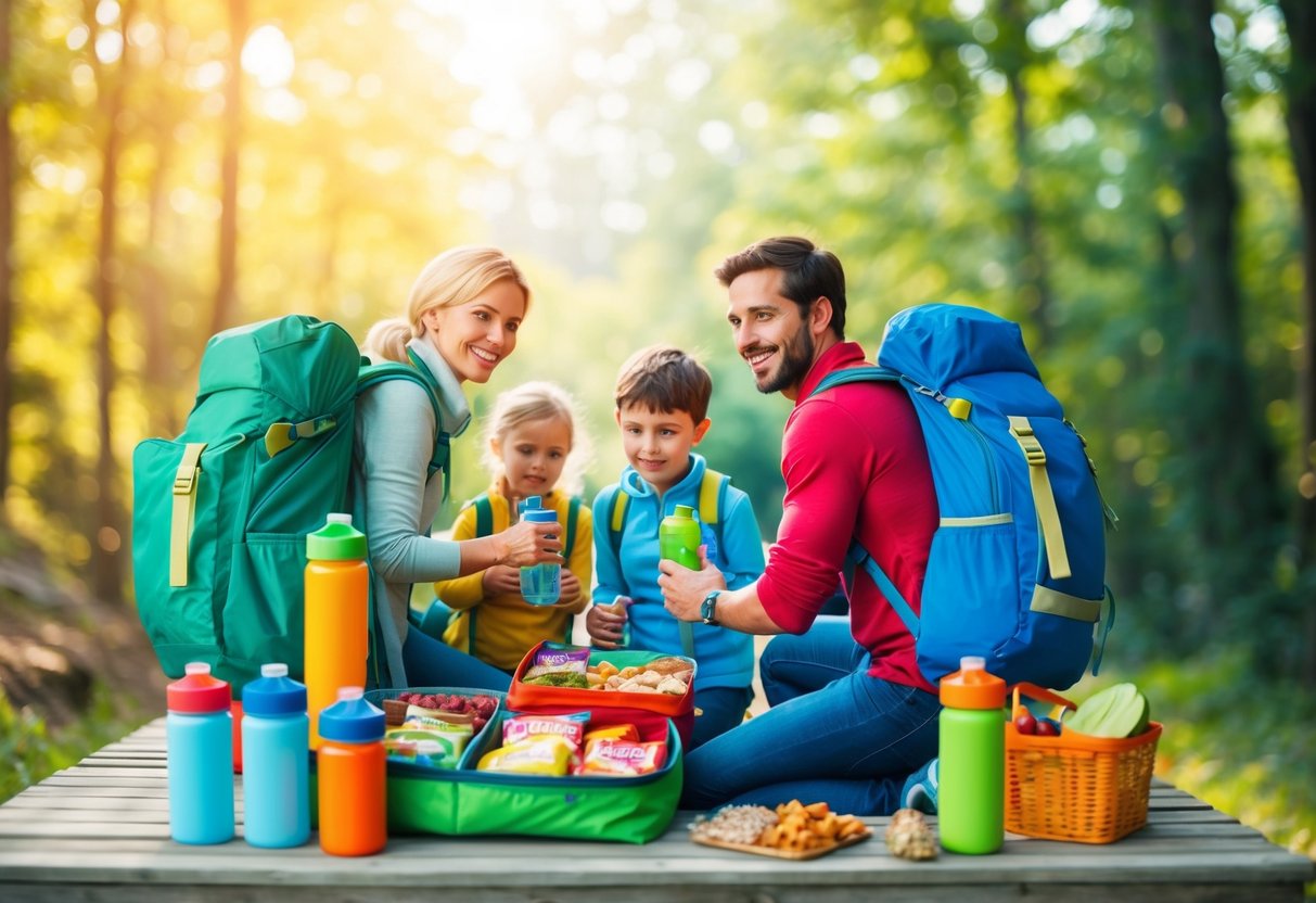 A family packing healthy snacks and water bottles into a colorful backpack for a trip