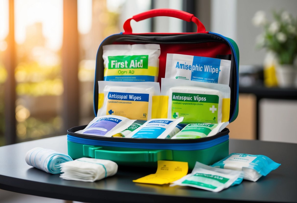 A colorful first aid kit open on a table, with bandages, antiseptic wipes, and various medical supplies neatly organized inside