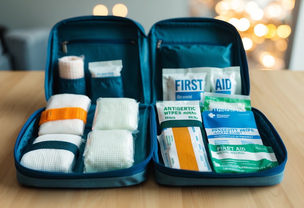 A travel bag open with gauze pads, bandages, antiseptic wipes, and other first aid items neatly arranged inside