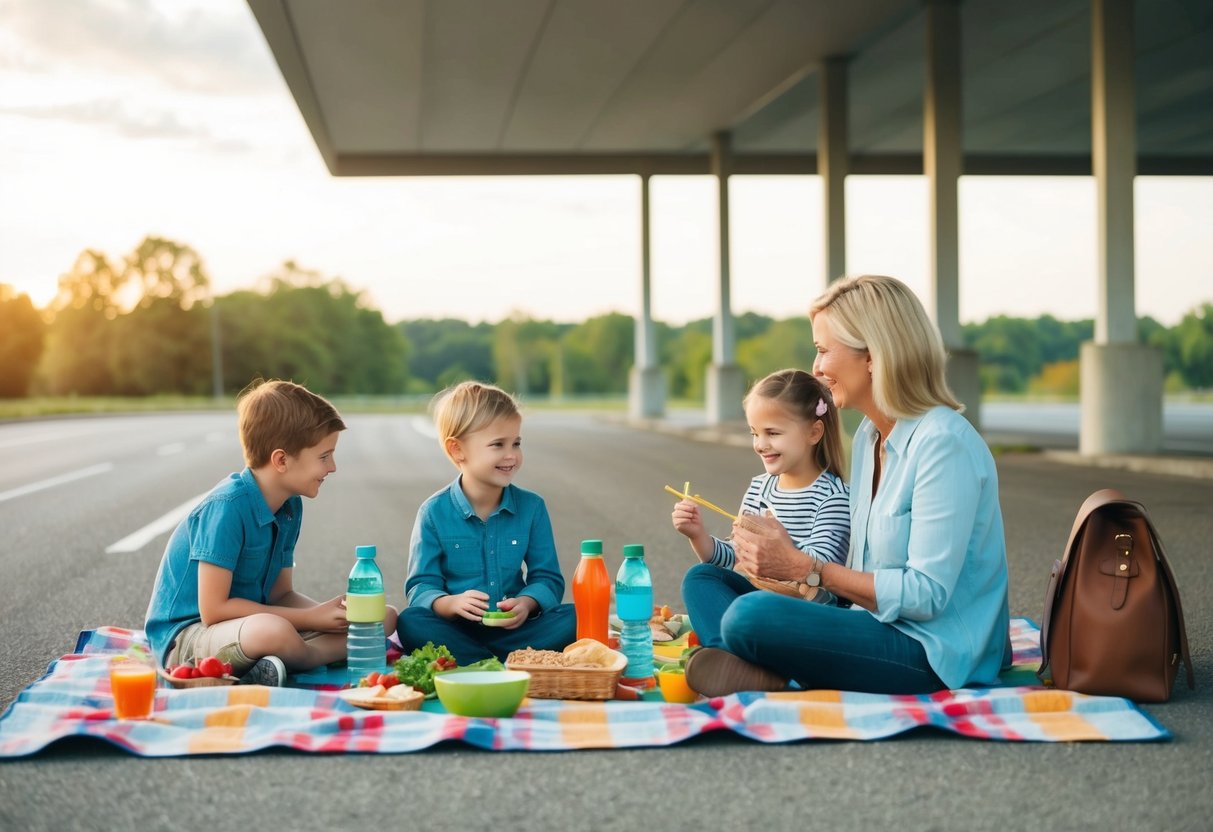 A family traveling with kids takes a break at a rest area, sitting on a picnic blanket surrounded by healthy snacks and water bottles