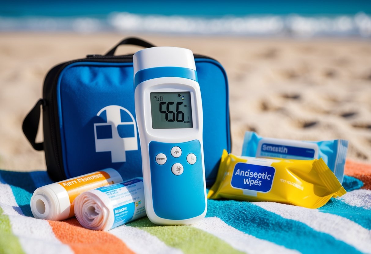 A digital thermometer lying next to a first aid kit, sunscreen, bandages, and antiseptic wipes on a beach towel