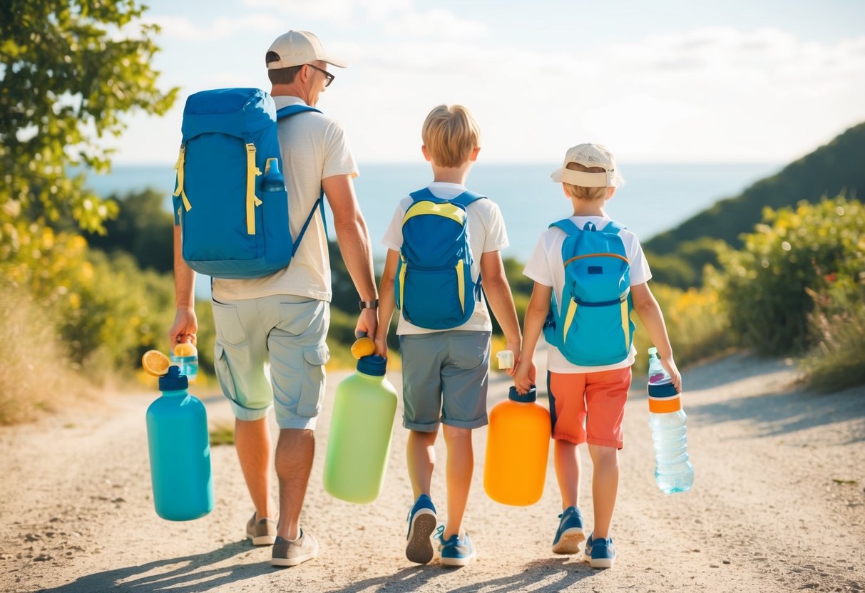 A family traveling with kids carries water bottles, fruits, and sunscreen while exploring a sunny destination