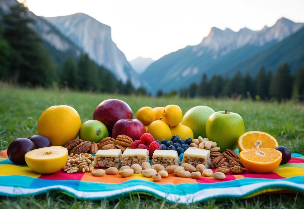 A colorful array of fresh fruits, nuts, and granola bars laid out on a picnic blanket in front of a scenic backdrop of mountains and trees