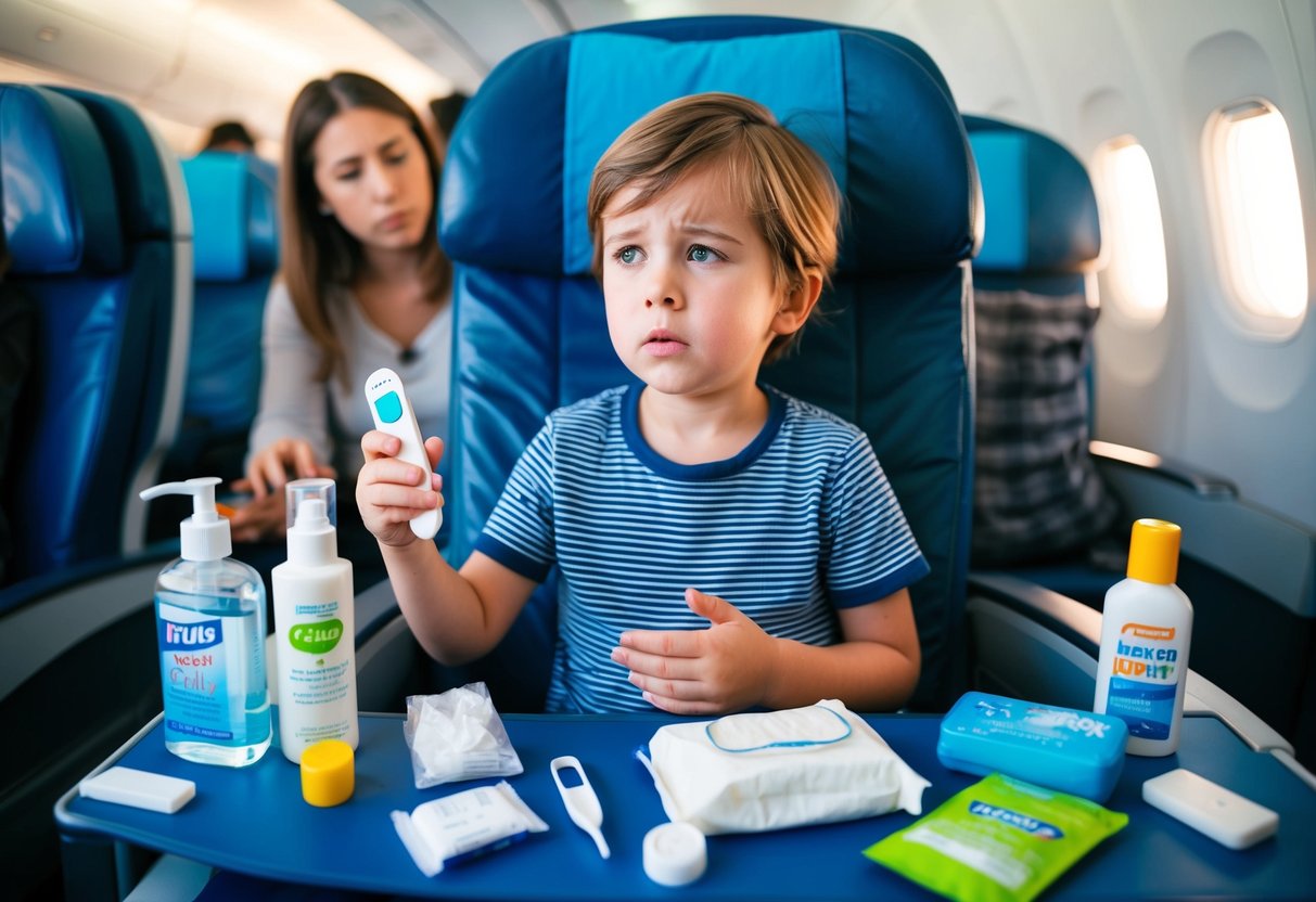 A child sits on a plane, surrounded by various travel-related items like hand sanitizer, tissues, and medicine. The child looks unwell, with a thermometer in hand and a concerned parent nearby