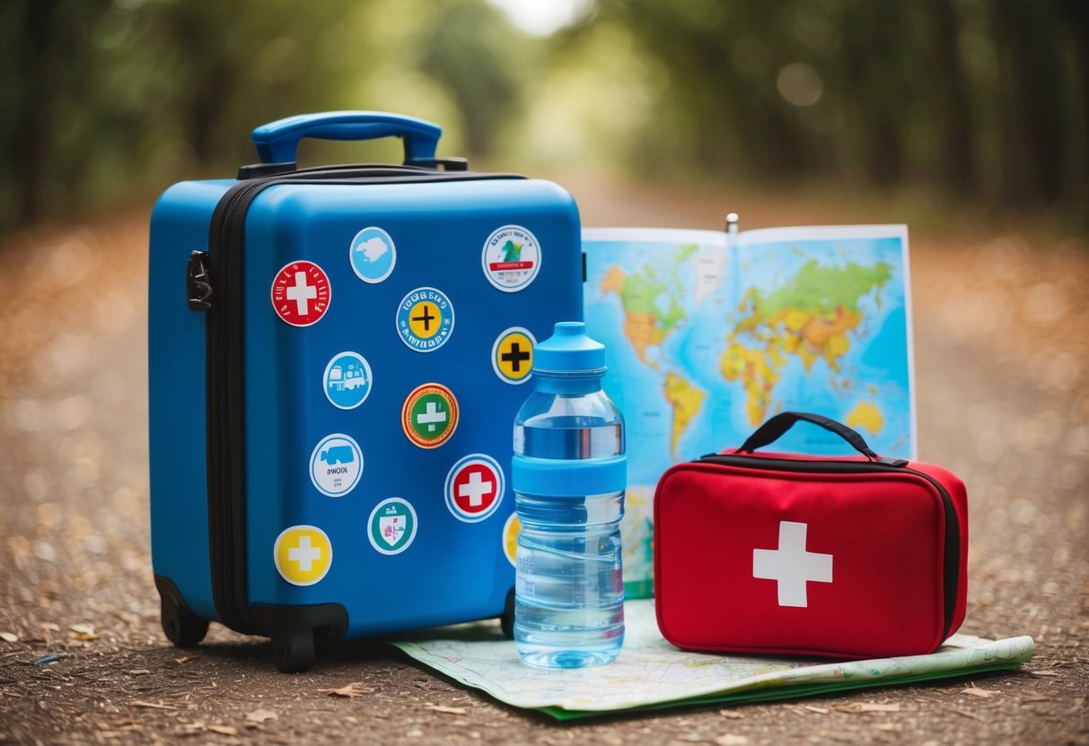 A child's suitcase with stickers and a water bottle next to a map and first aid kit