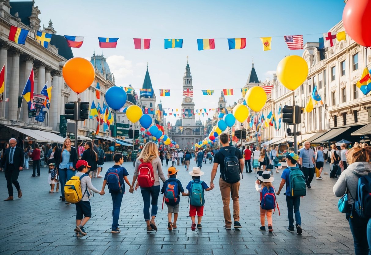 A bustling city square with colorful balloons and a variety of flags lining the streets. Families and children are scattered throughout, some holding hands and others with backpacks and hats