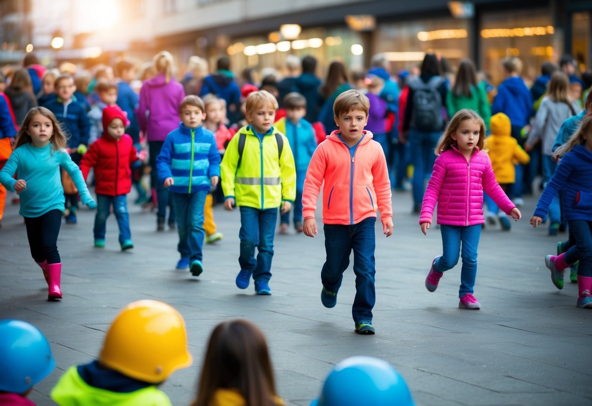 A group of children in brightly colored clothing are scattered throughout a crowded place, while various strategies are depicted to keep track of them