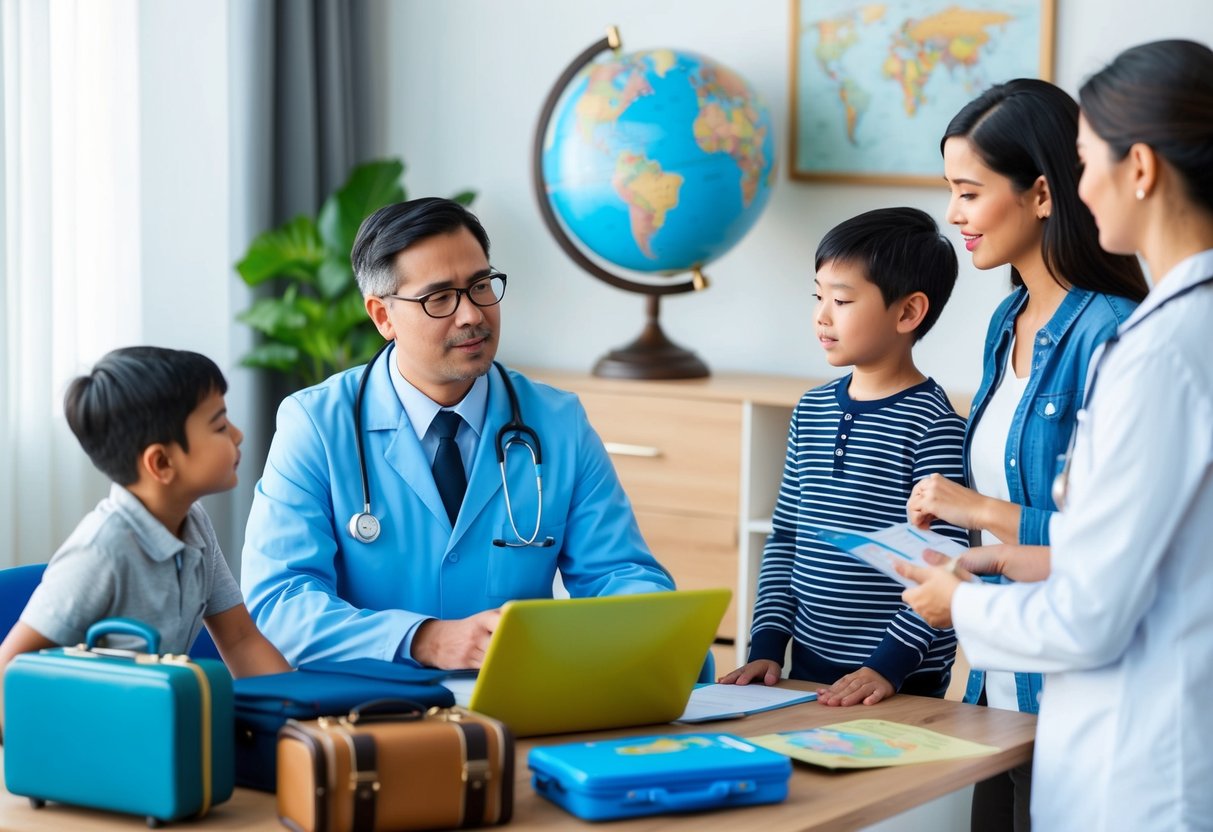 A pediatrician sitting at a desk, surrounded by travel-related items such as suitcases, maps, and a globe. They are speaking with a family and offering advice on managing travel-related illnesses in kids