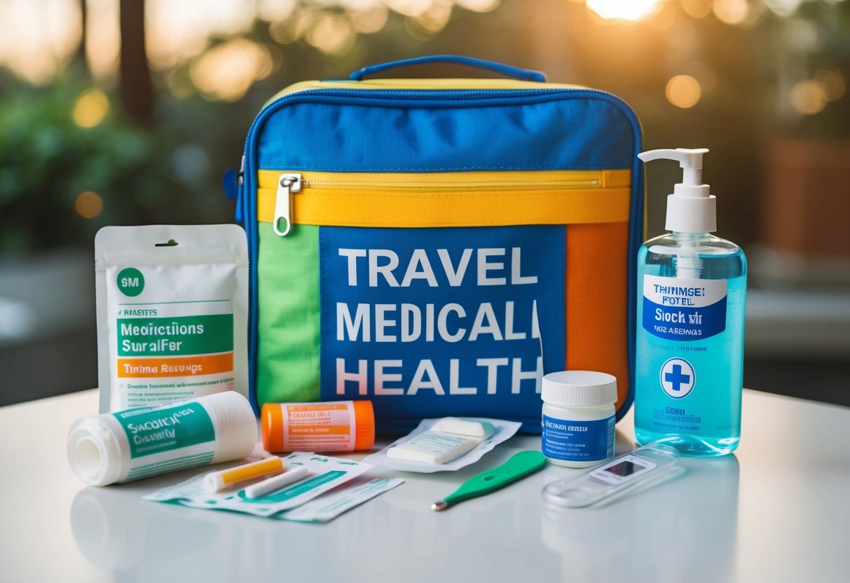 A colorful travel health kit with various medical supplies arranged neatly on a table, including bandages, medications, thermometer, and hand sanitizer