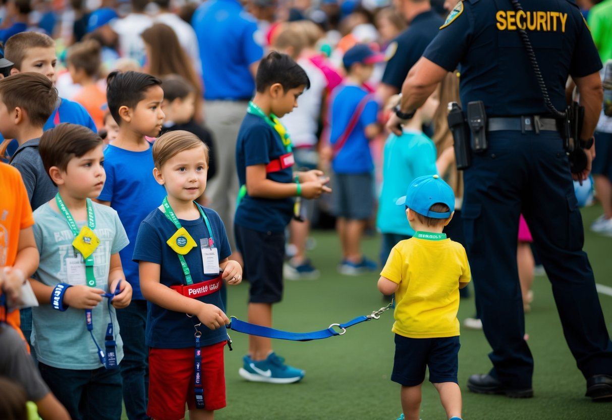 A crowded event with children wearing ID bracelets, a parent using a wrist leash, and security personnel monitoring the area