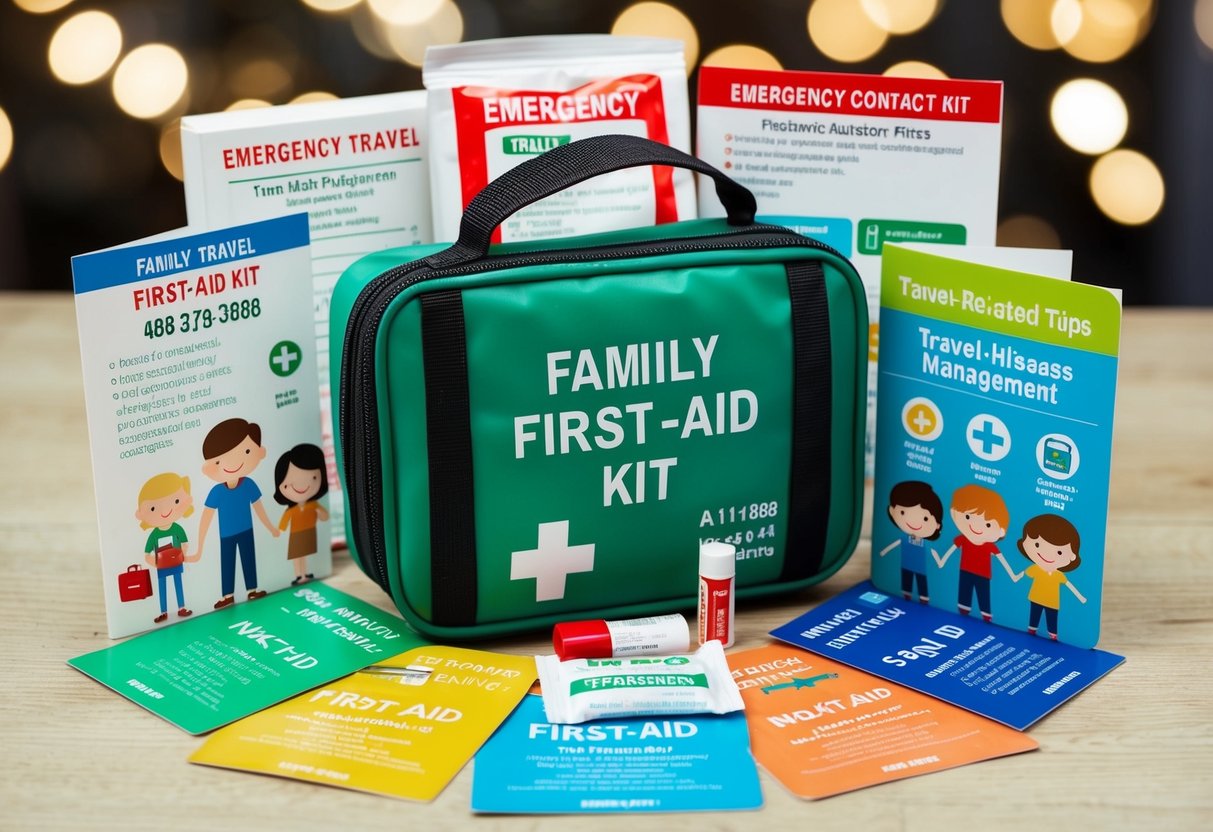 A family travel first-aid kit with emergency contact numbers and medical supplies, surrounded by playful illustrations of children and travel-related illness management tips