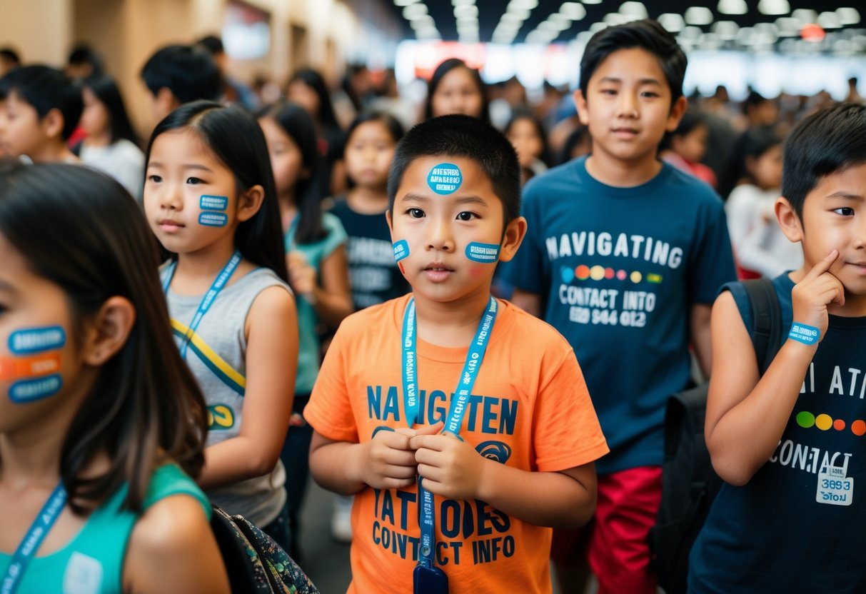 A group of children wearing temporary tattoos with contact info, navigating through a crowded place using various strategies to stay together