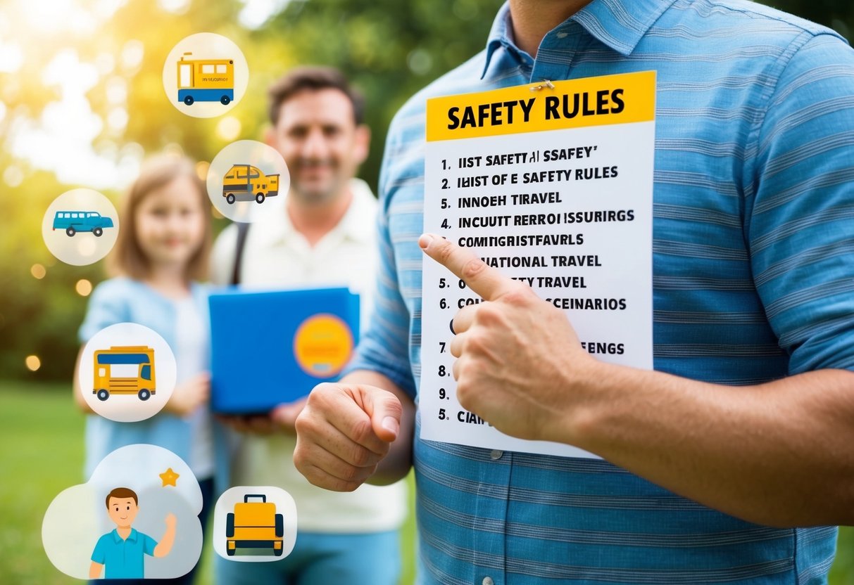 A parent pointing to a list of safety rules with illustrations of common travel scenarios in the background