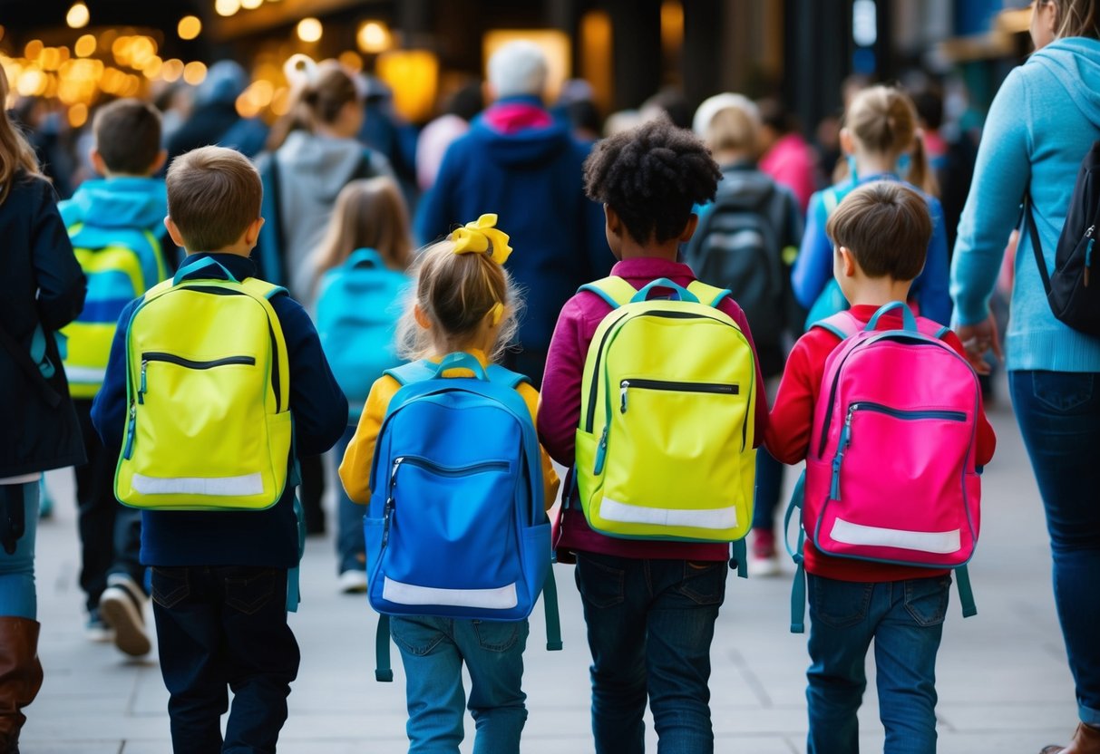 A group of children wearing high-visibility backpacks walk through a crowded place, while a parent or guardian keeps a close eye on them