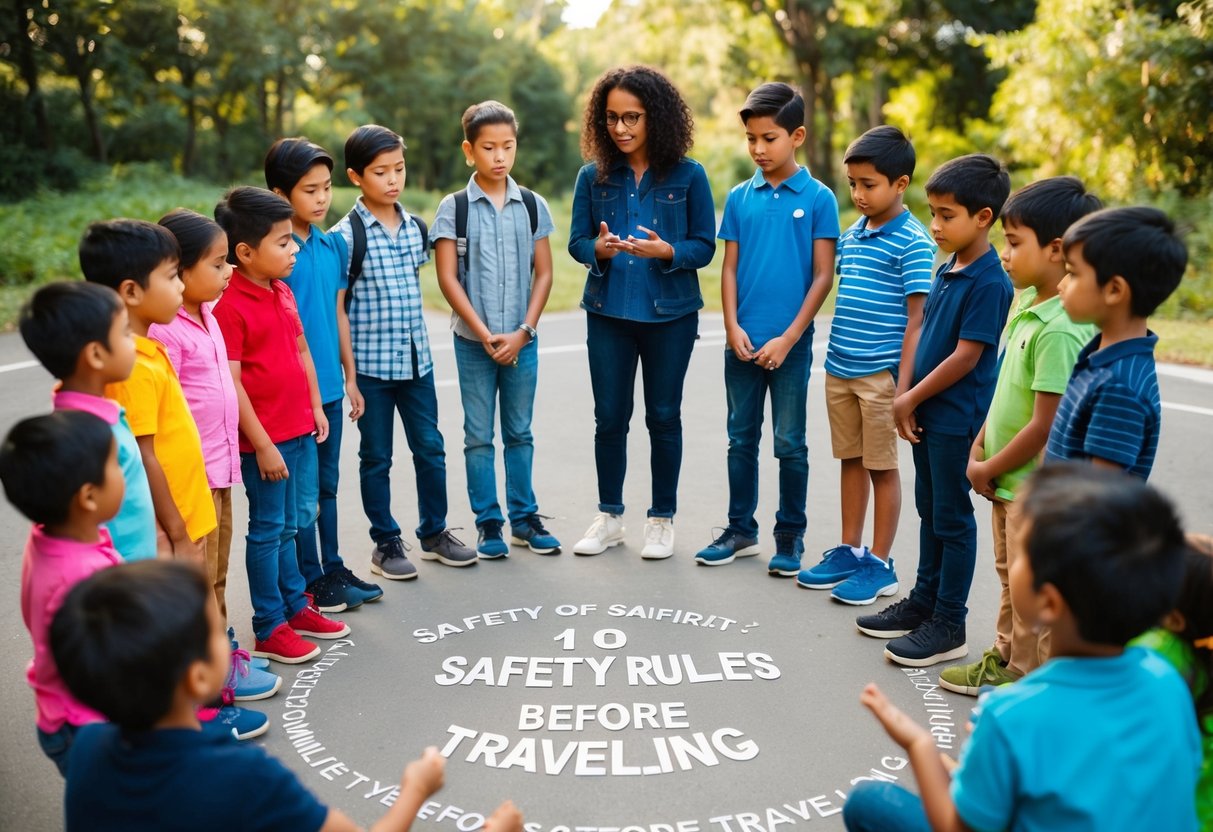 A group of children and adults stand together, following 10 safety rules before traveling. They are gathered in a circle, discussing and practicing the rules