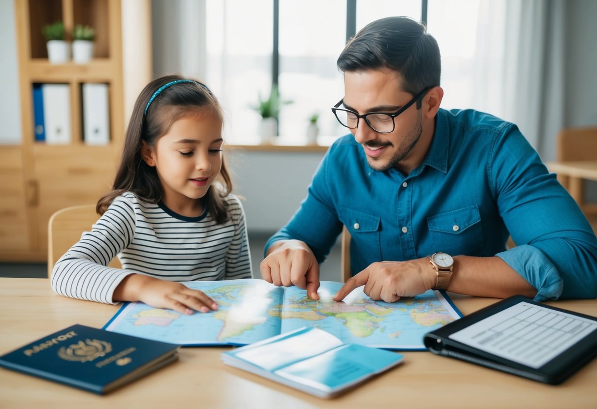 A child sitting at a table, surrounded by travel essentials like a passport, map, and emergency contact list. An adult points to the list, teaching the child about safety rules