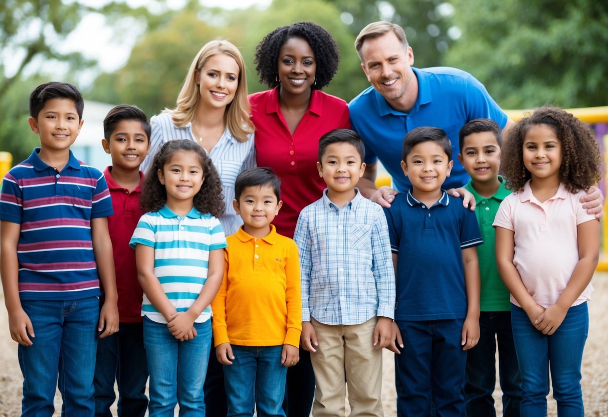 A group of children and adults standing together, with the adults displaying trustworthy and caring body language. The scene is set in a safe and familiar environment, such as a school or playground