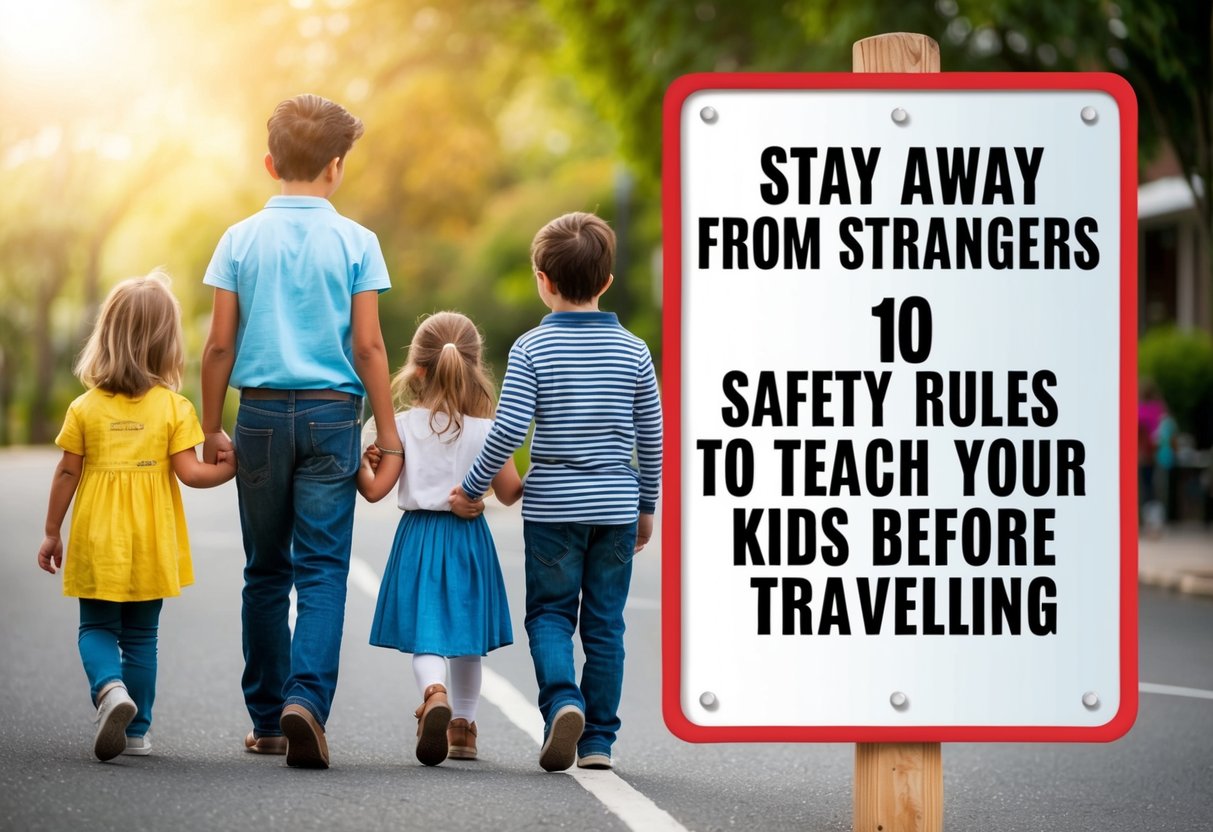 A group of children holding hands and walking together while a sign with the words "Stay Away from Strangers 10 Safety Rules to Teach Your Kids Before Traveling" is displayed prominently nearby