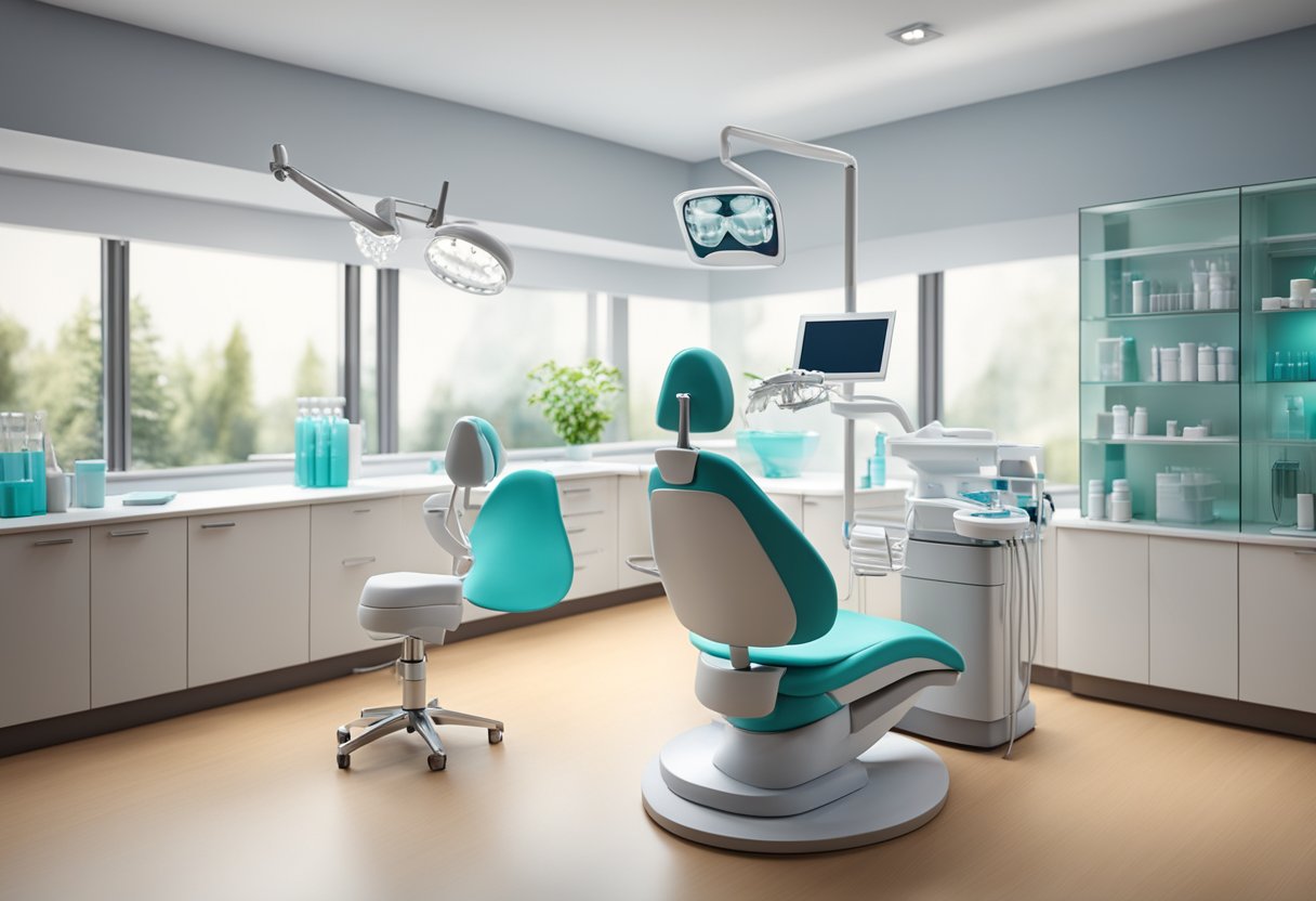 A dental office with a dentist and patient discussing dental implants. A model of a jaw with implants sits on the desk. X-rays and dental tools are visible