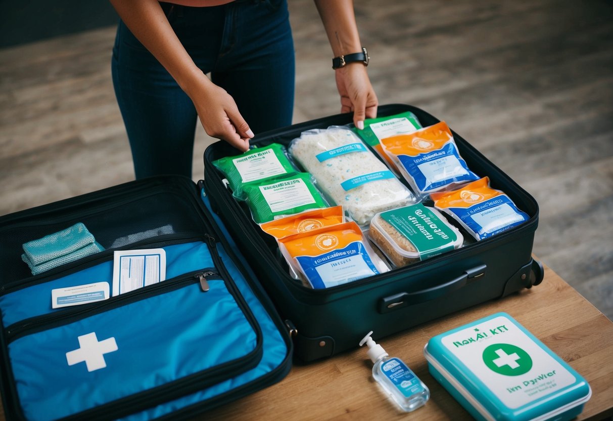 A traveler unpacks a suitcase filled with sealed, non-perishable food items. A travel-sized first aid kit and hand sanitizer sit nearby