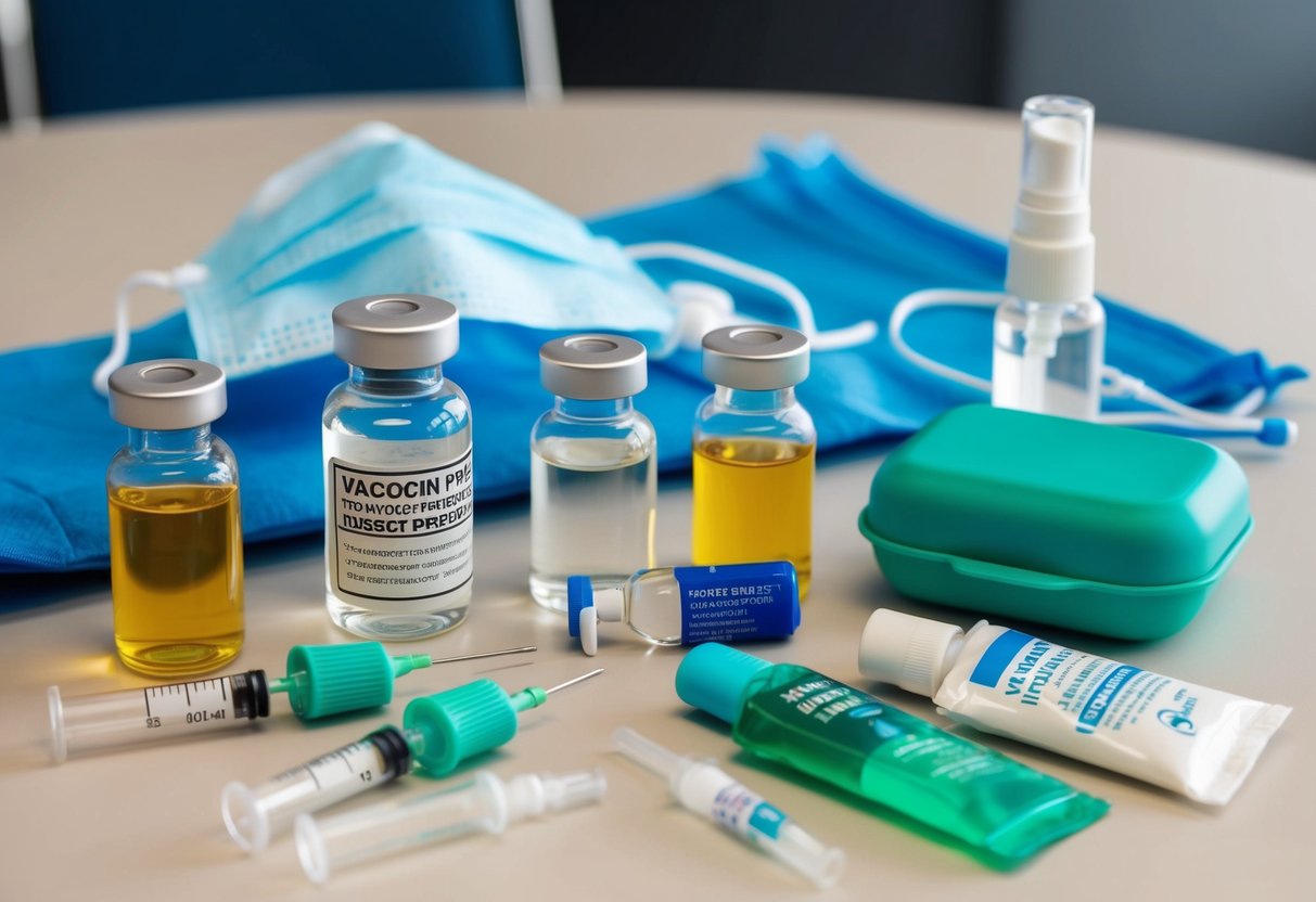 A table with various vaccination vials and health precaution items such as masks, hand sanitizer, and insect repellent laid out in preparation for travel