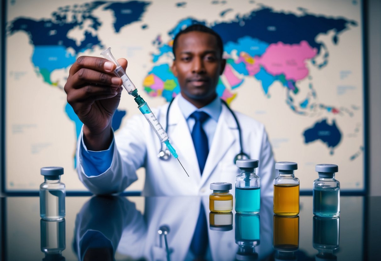 A doctor in a white coat holding a syringe with various vials of vaccines and a world map in the background