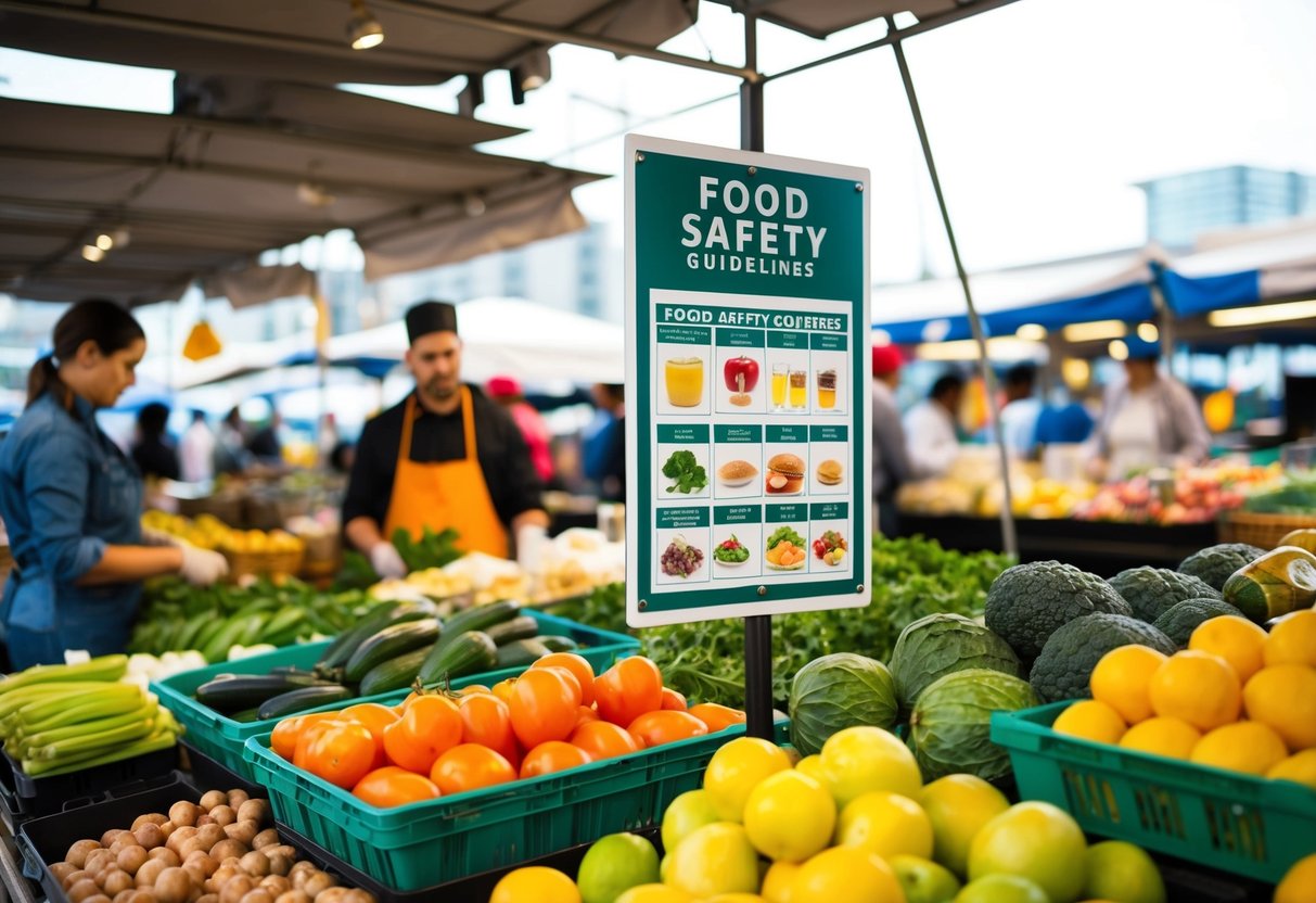 A bustling outdoor market with colorful produce and vendors displaying local cuisine. A sign prominently displays food safety guidelines