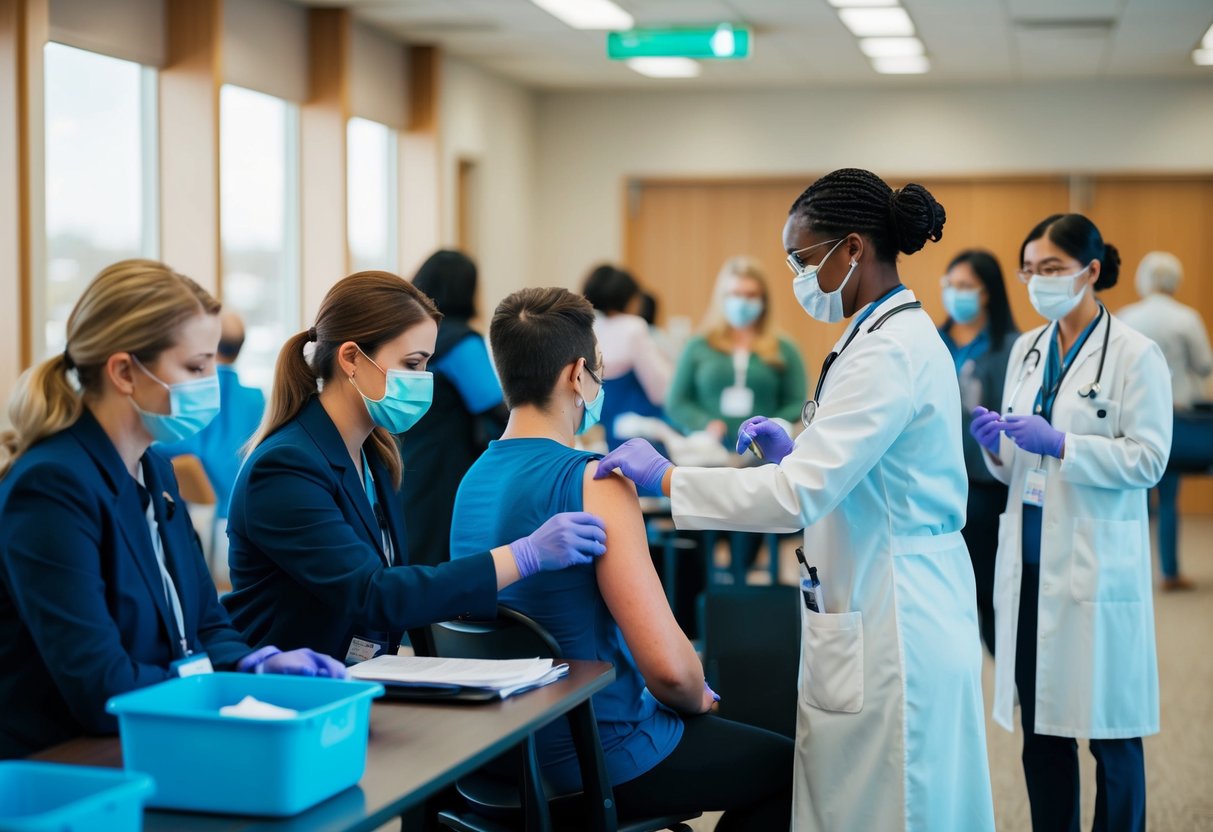 A travel clinic with a nurse administering vaccines to a line of travelers, while a doctor discusses health precautions with another group