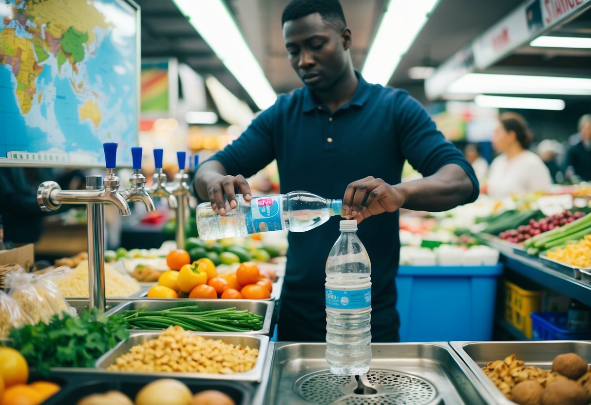 A person standing at a market stall, choosing a bottle of water over a tap, surrounded by various food items and a map of a foreign country