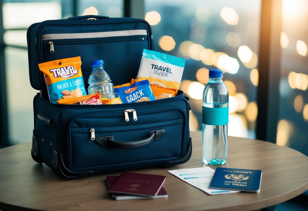 A suitcase packed with non-perishable snacks, a water bottle, and a travel guide on a table with a passport and plane tickets