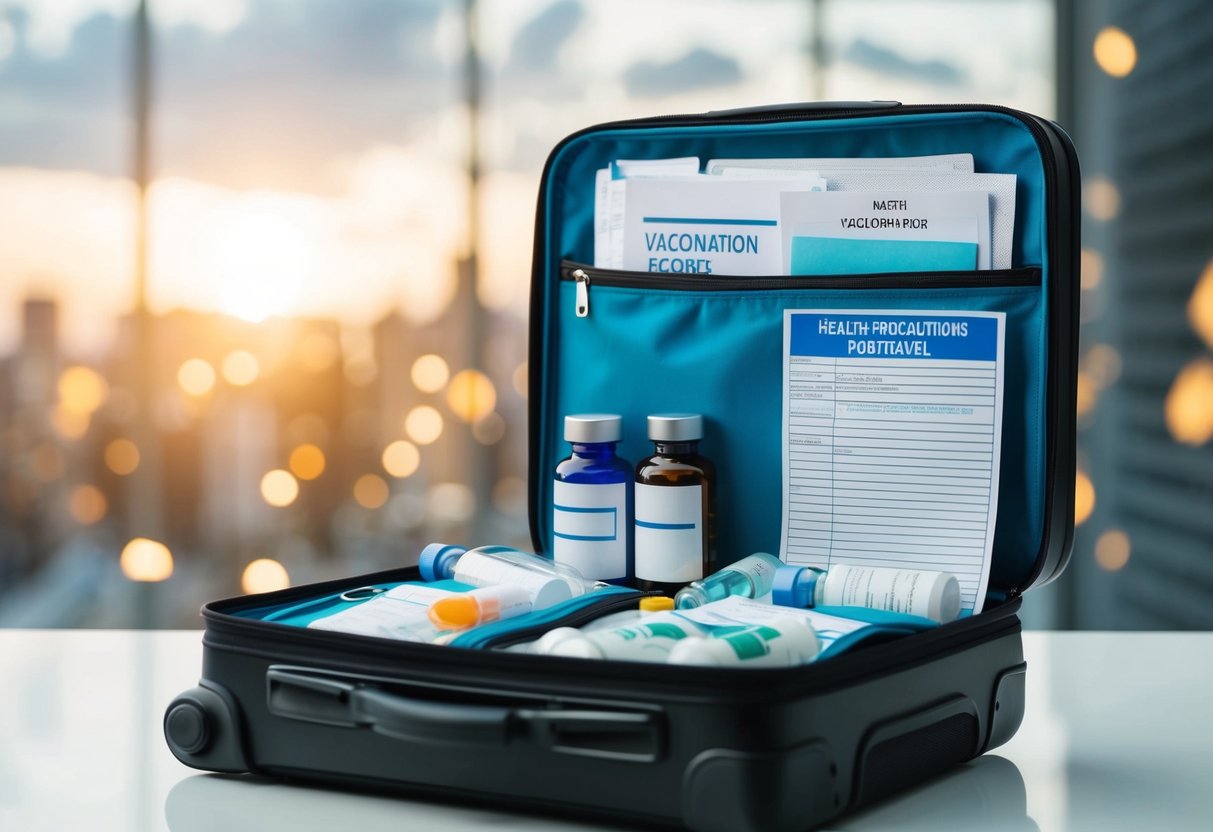 A suitcase filled with medication bottles, vaccination records, and a list of health precautions for travel