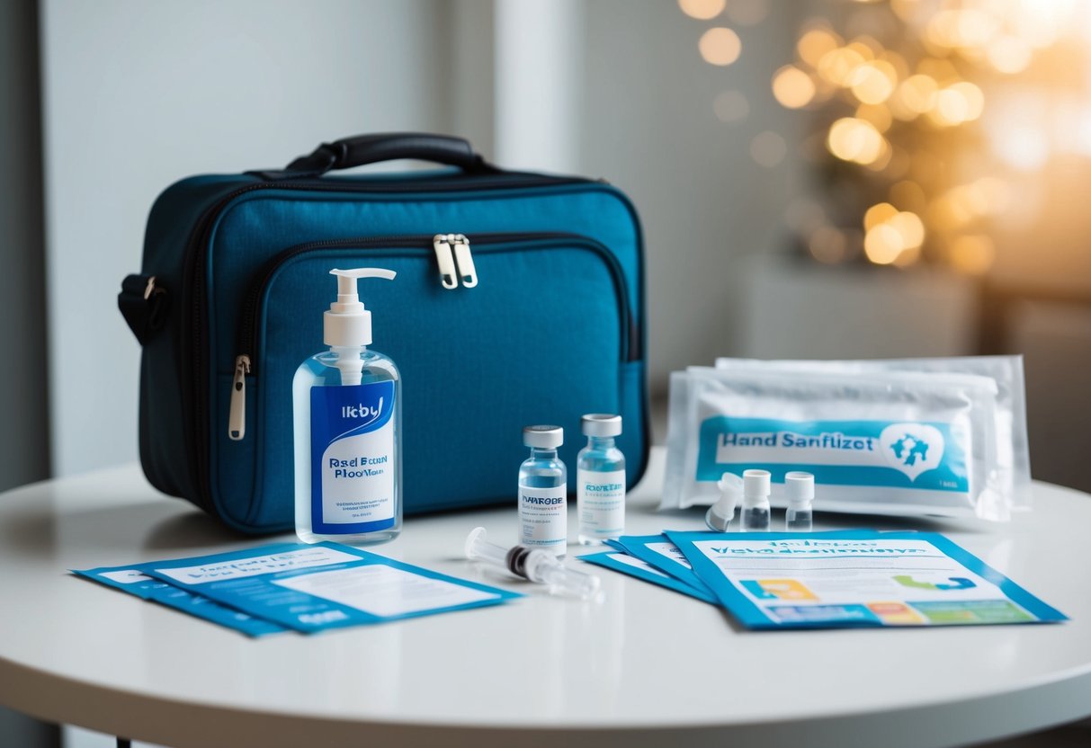 A travel bag with hand sanitizer, 10 vaccination vials, and health pamphlets on a clean, organized table