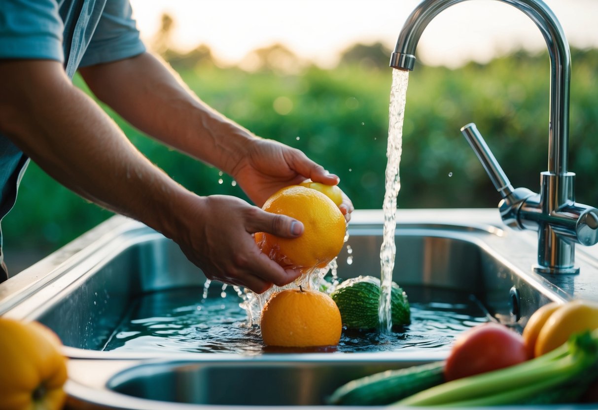 A traveler washing fruits and vegetables under running water