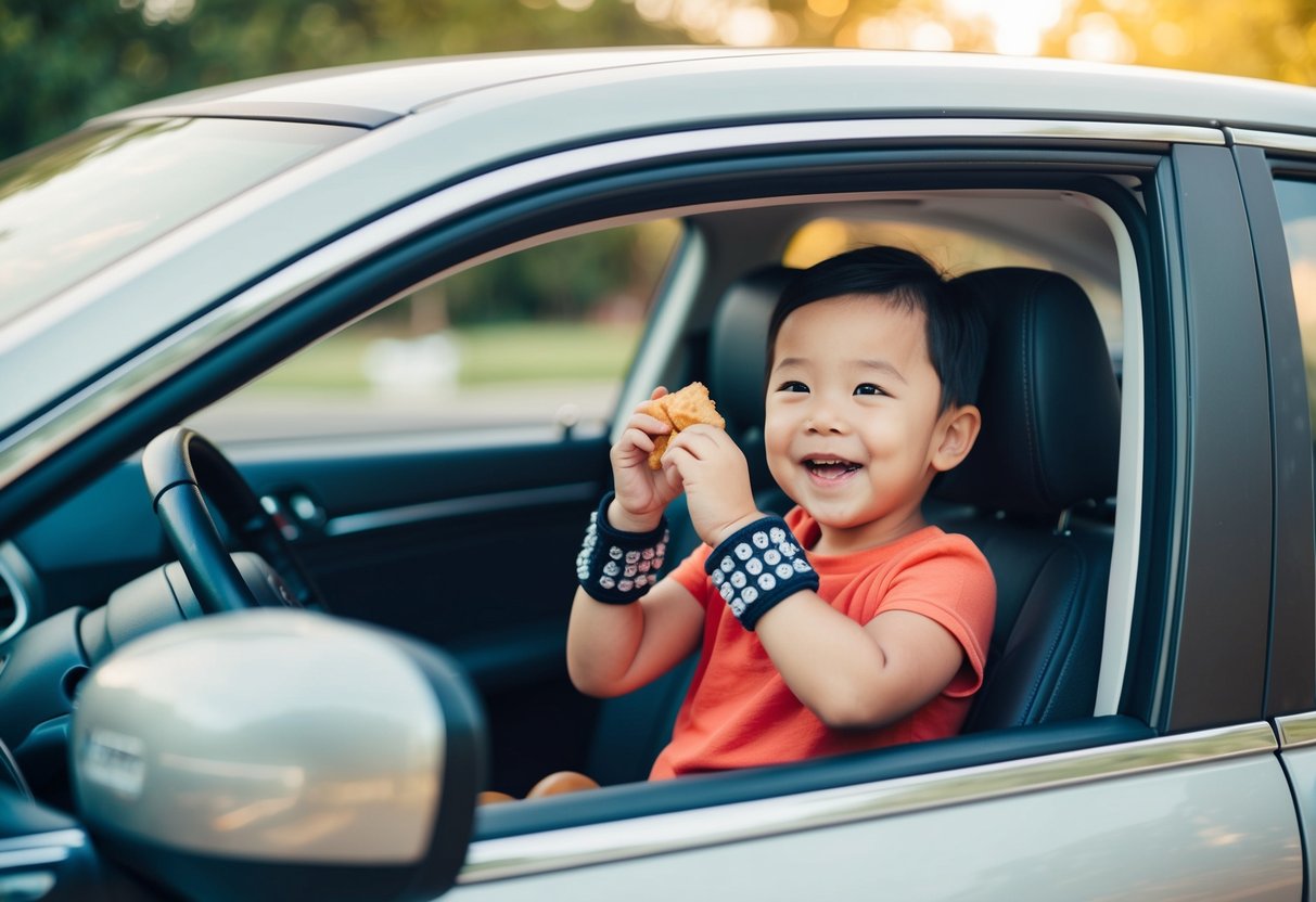 A child happily playing in a car with open windows, munching on ginger snacks, and wearing acupressure wristbands