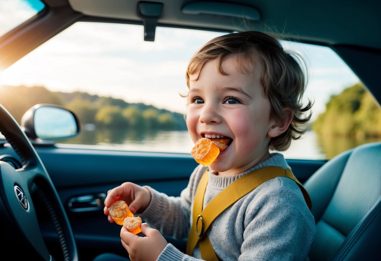 A child happily munching ginger candies while playing in a car, boat, or plane, surrounded by calm and scenic surroundings