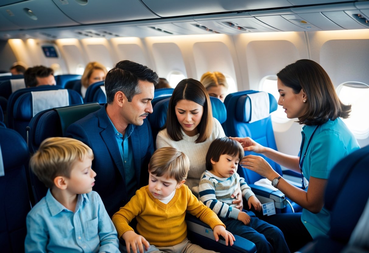 A family with young children on a crowded airplane. A parent is calmly attending to a child who appears to be unwell, while another parent is speaking to a flight attendant