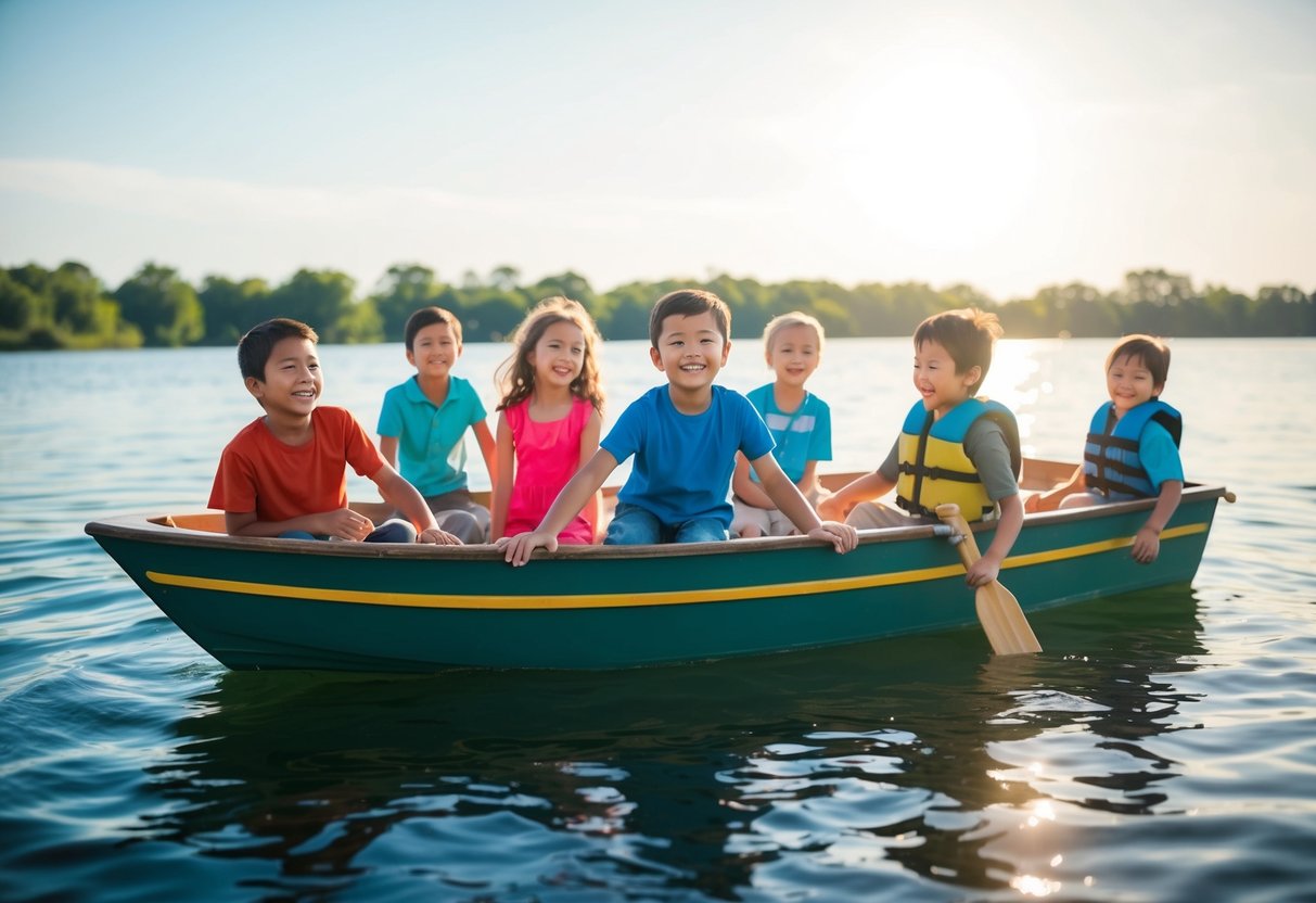 A group of children happily playing on a boat, with the sun shining and calm waters surrounding them