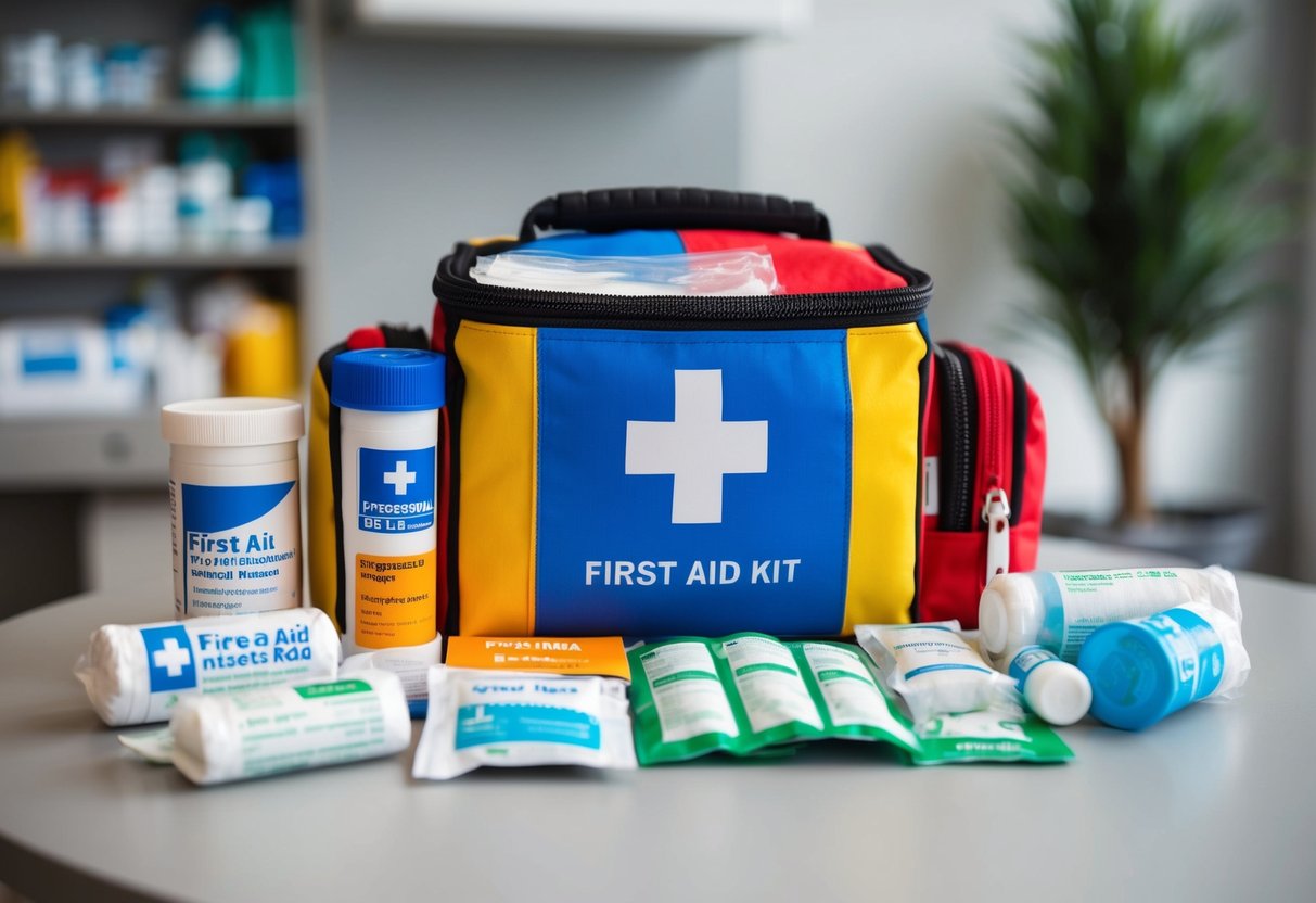 A colorful, well-stocked first aid kit sits on a table with bandages, medications, and medical supplies neatly organized inside