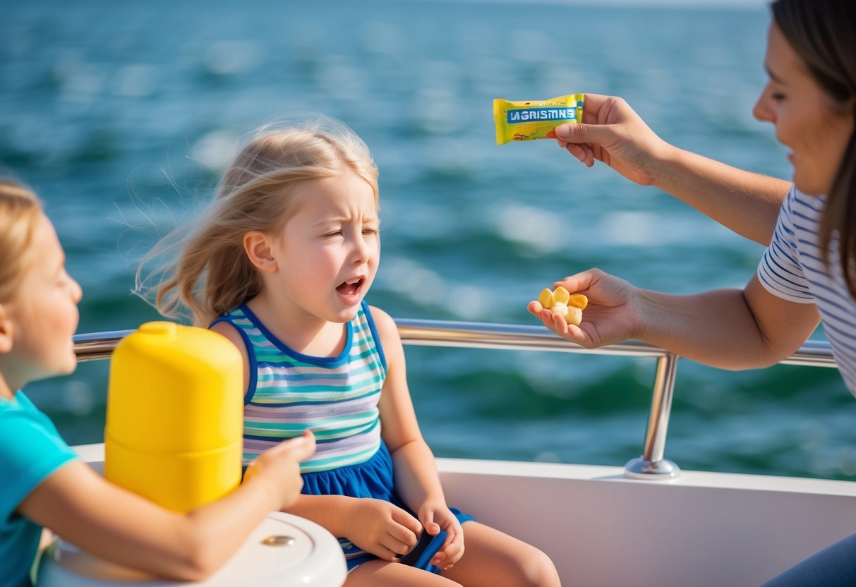 A child on a boat, looking queasy, while a parent offers them Dramamine and other motion sickness prevention methods like ginger candies and fresh air